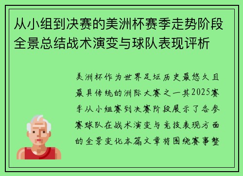 从小组到决赛的美洲杯赛季走势阶段全景总结战术演变与球队表现评析